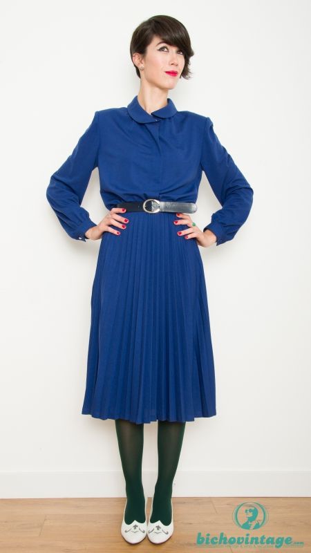 Vintage 70s Blue Romantic Pleated Dress ...