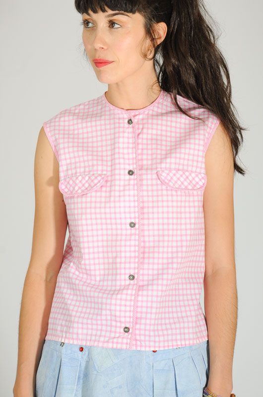 Sleeveless Shirt Size 37B Hot Rod 50s Pink Plaid Blouse