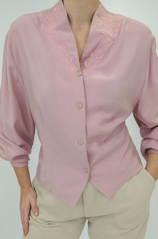 Vintage 80s Pink Embroidered Blouse Size M - 5