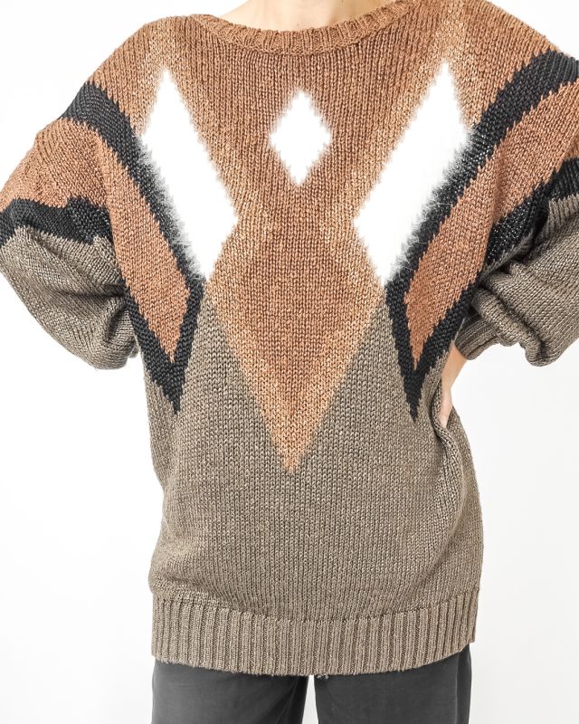 Vintage 80s Knitted Sweater Brown Lurex Diamonds Size L - 2