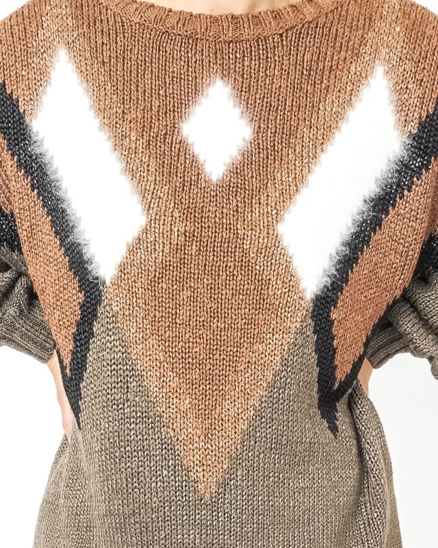 Vintage 80s Knitted Sweater Brown Lurex Diamonds Size L - 4