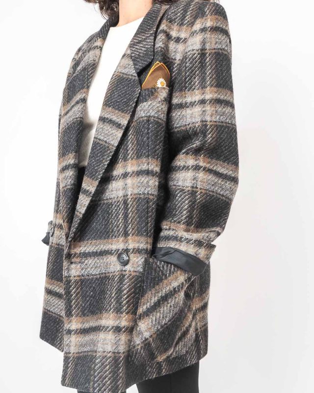 Vintage Checked Pure Wool Double-breasted Pea Coat Size M - 3