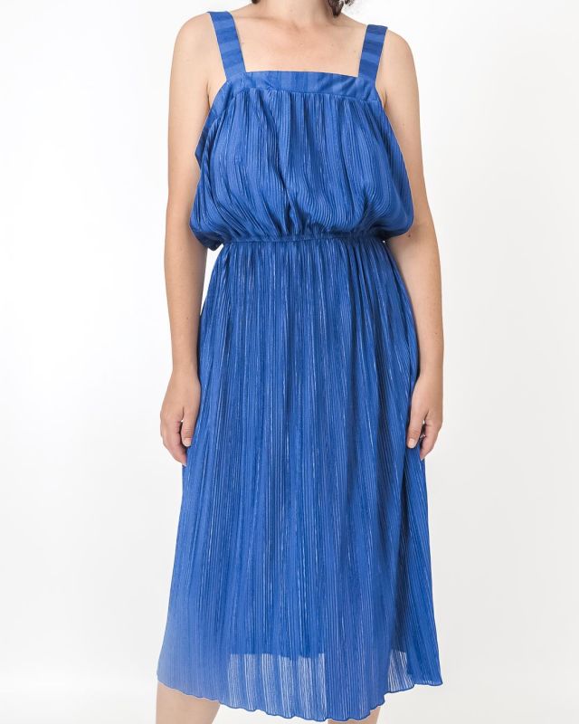Vintage 70s 80s Deep Blue Pleated Dress Size M - L - 1
