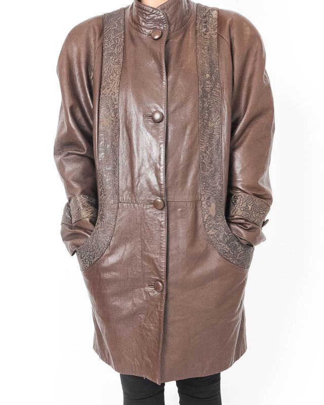 Vintage 80s Brown Leather Coat Size M - 1