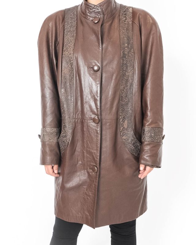 Vintage 80s Brown Leather Coat Size M - 4