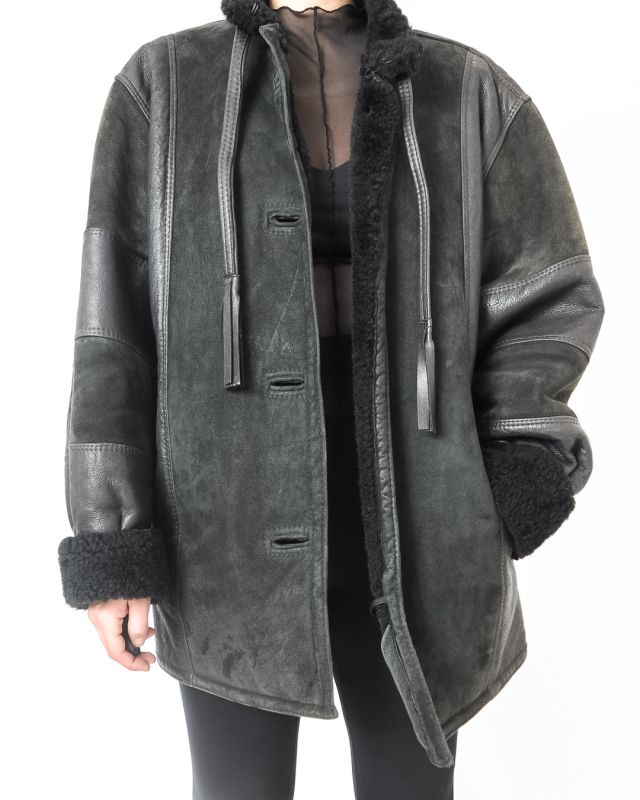 Vintage 80s Black Sheepskin Coat Size M - 2
