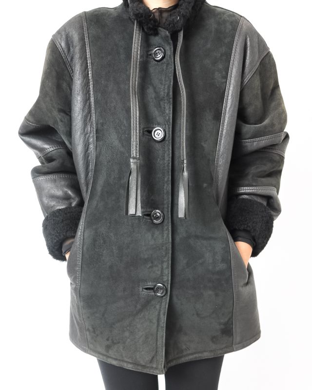 Vintage 80s Black Sheepskin Coat Size M - 1