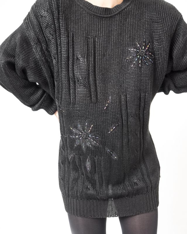 Vintage 80s Flowers Beaded Long Sweater Size L - 4