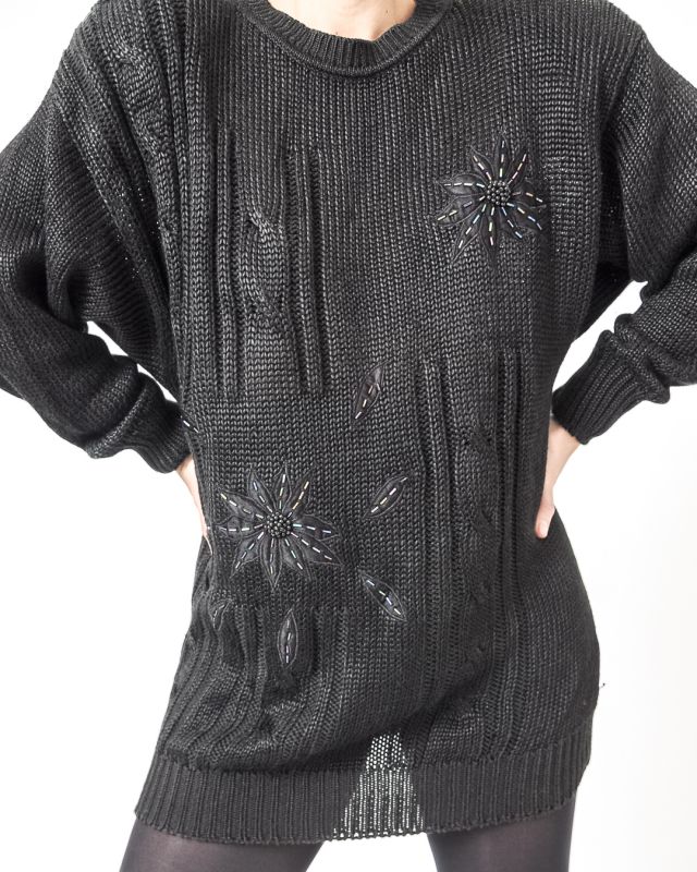 Vintage 80s Flowers Beaded Long Sweater Size L - 2
