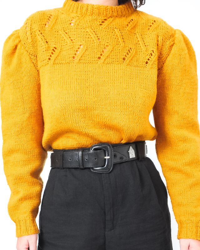 Vintage 80s Puffed Mustard Knitted Sweater Size M - 1